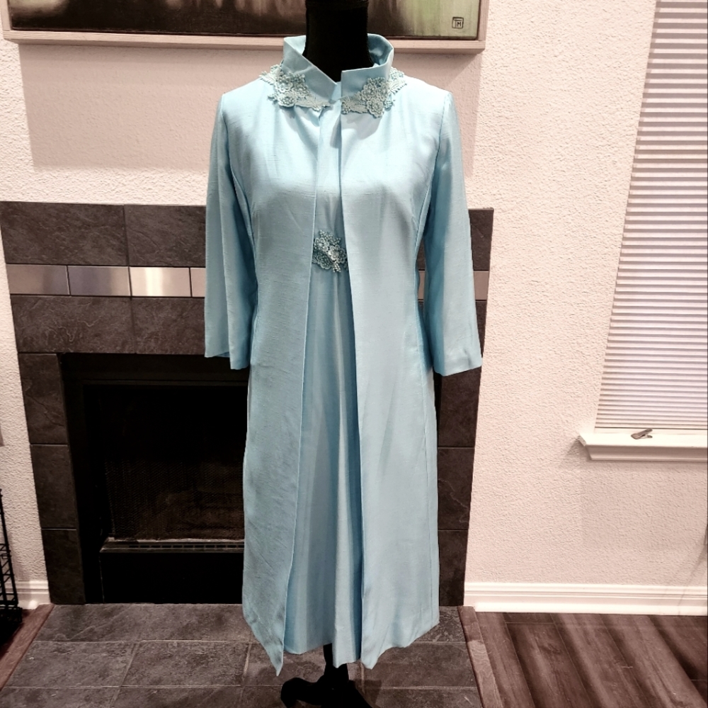 🖤 VINTAGE Unique Robin's egg blue 60s mod Jackie MCM dress coat set